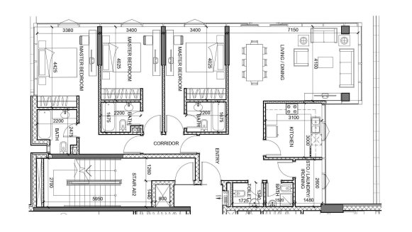 Планировка квартиры 3 спальни в ЖК SOHO SQUARE № 11007 (2D)